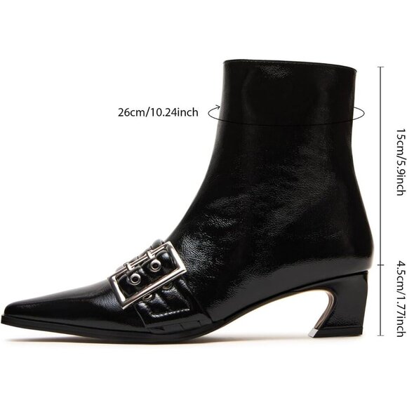 Buckle Black Ankle Boots Kitten Heel Pointed Toe Leather Fashion Dress Booties - Picture 2 of 9